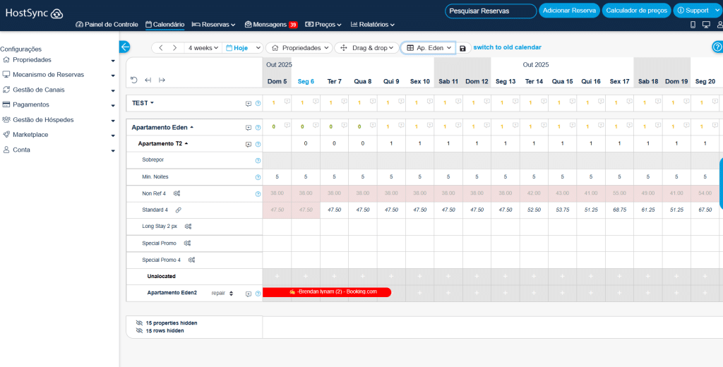 Channel Manager para Alojamientos Turísticos: calendario del panel de control de HostSync con reservas sincronizadas automáticamente